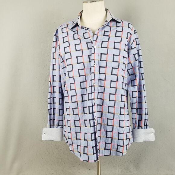 Bugatchi Uomo Shirt Mens Large Blue Multicolor Plaid Classic Fit Contrast Cuff - Picture 1 of 13